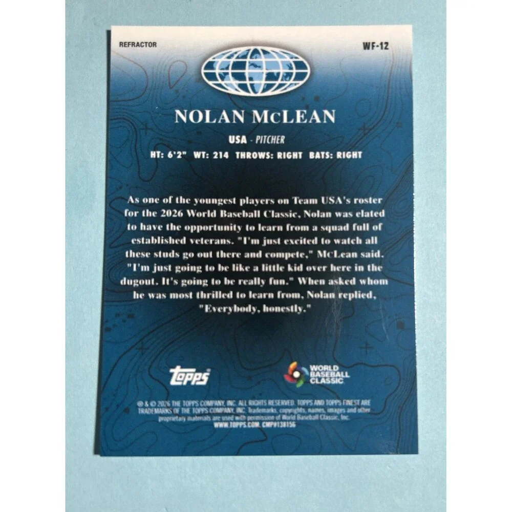 2026 Topps Finest Refractor Nolan McLean WBC World's Finest Insert #WF-12